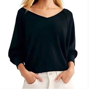 Free People Santa Clara Thermal XS Black Waffle Knit Oversized Batwing V Neck
